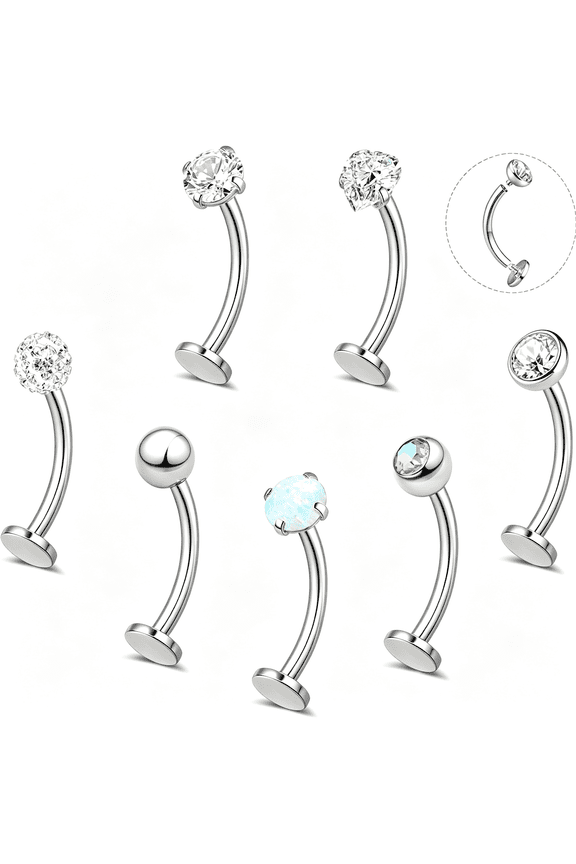 7PCS Floating Belly Button Ring for Women Hypoallergenic Surgical Stainless Steel Belly Rings Internally Threaded CZ Opal Long Bar Navel Barbell Flat Back Belly Piercing 12/14MM Silver Gold