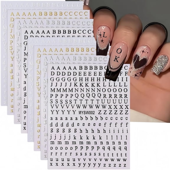 BPPEG 8 Sheets Letters Nail Art Stickers,English Alphabet Nail Decals,3D Self Adhesive Black Alphabet Nail Art Supplies Metallic Gold Silver Nail Sticker for Women Diy Nail Decoration Manicure