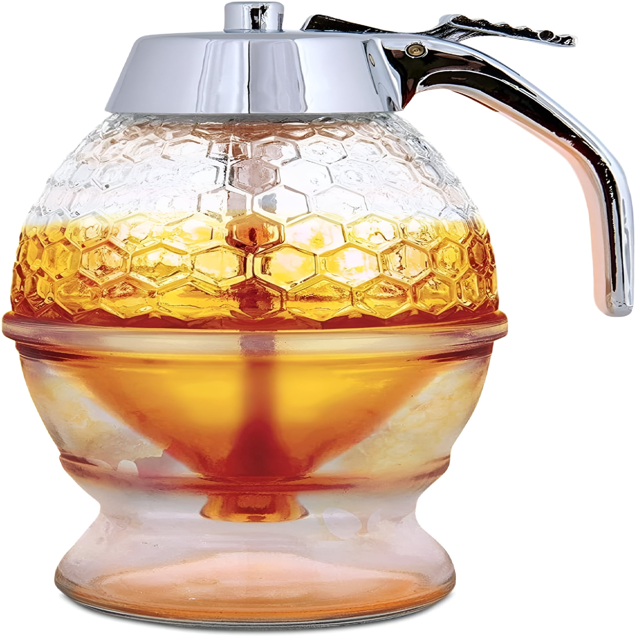 BPPEG 8Oz No Drip Glass Honey Dispenser with Plastic Top Honeycomb-Style Syrup Server and Bee-Themed Storage Jar with Stand 6"