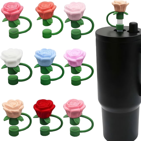 BPPEG 9 Pcs Silicone Rose Straw Cover Cap,Reusable Flower Toppers Compatible with 6-10Mm Drinking Straw,For Women ValentineS Gift(Polychrome)