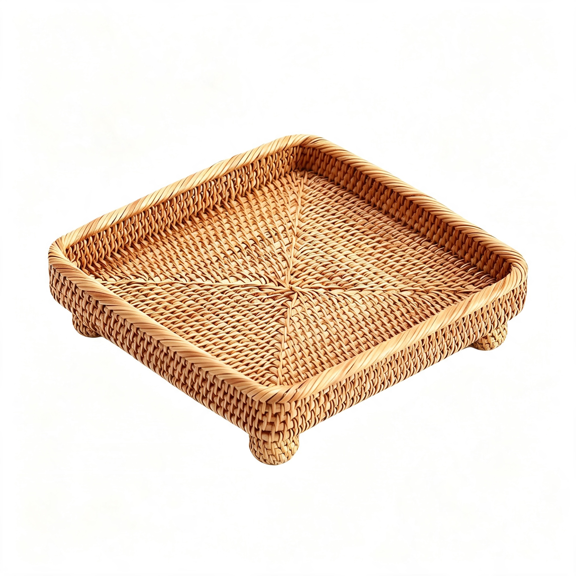 BPPEG 9" Square Rattan Decorative Riser for Display,Small Items Serving Basket Vanity Tray-Square Woven Bread,Fruit,Keys Bowl Pedestal Stand,Flat Wicker Decorative Snack Trays for Candy Dish