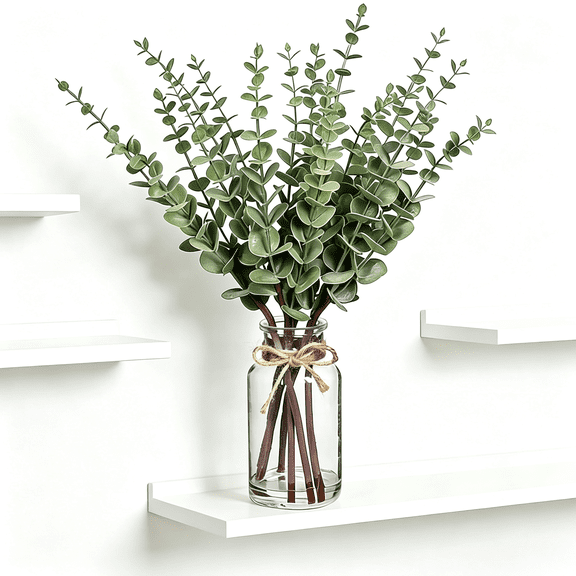 BPPEG Artificial Eucalyptus Stems in Glass Vase with Faux Water,17.5" Faux Greenery for Vase,Fake Plants for Bathroom Decor Farmhouse Room Decor Table Decorations Home Decor Wedding (Sage Green)