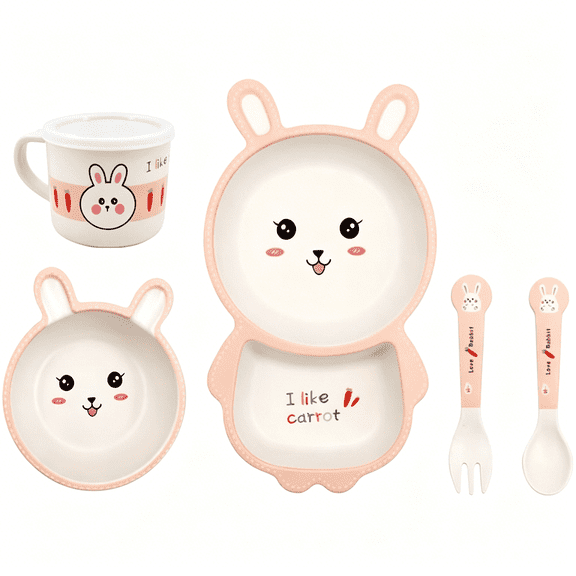 BPPEG Bamboo Kids Dinnerware Set 5 Pcs Includes Plate Bowl Cup Fork Spoon Perfect for Kids BPA-Free (Rabbit)