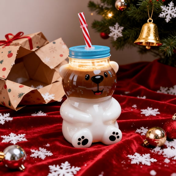 BPPEG Bear-Shaped Glass Cold Cup with Straw,18.6Oz Cup,Bear Cup with Straw Perfect for Holiday Cocktails,Iced Coffee,Cold Brews,And Christmas Gift Ideas (1 Bear Cup with Straw)