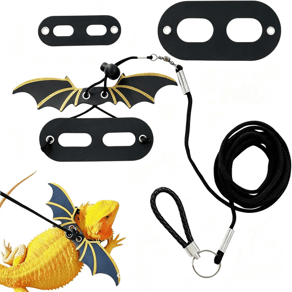 BPPEG Bearded Dragon Leash Harness Adjustable Reptile Lizard Harness with Silver Dinosaur Wing Soft Leather Traction Rope 3 Sizes for Bearded Dragons Geckos Chameleons Small Pets(Gold)