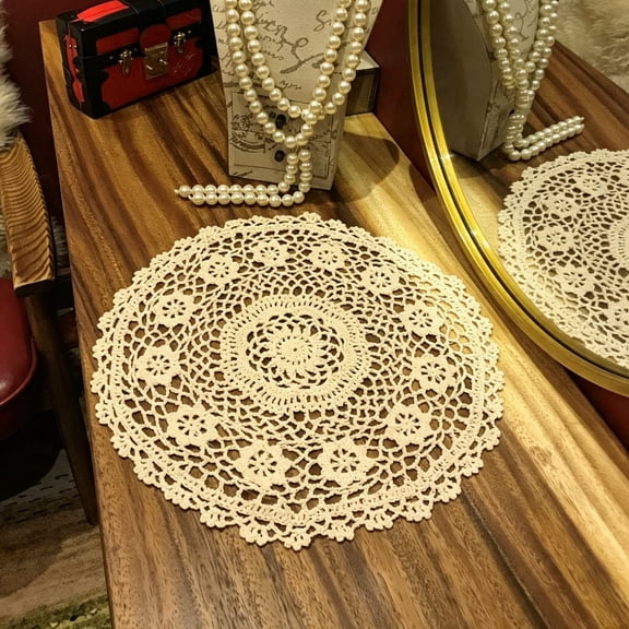 BPPEG Beige Handmade Crochet Doilies Cotton Table Mats Lace Doilies Doily Round Lace Placemats Crochet Placemat, Handwoven Lace Doilies for Tables, 12 Inches2Pc