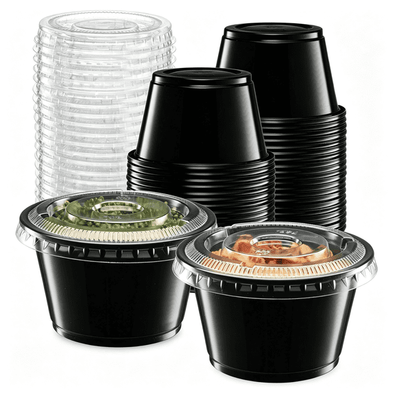BPPEG Black Diposable Plastic Portion Cups 4 oz, Leak Proof sauce cups with lids - 100 Sets