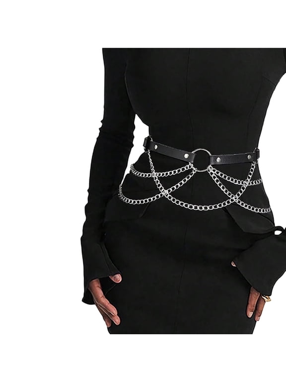 Black PU Leather Belt Emo Punk Grunge Gothic Belt with Chains, Gothic Waist Belt,Accessories for Women waist harness belt women(S-XXL)