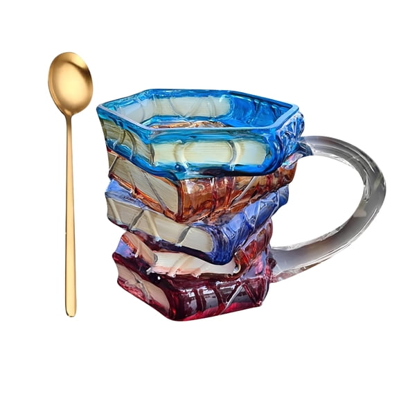 BPPEG Book Mug for Hot Or Cold Brews,3D Painted Book Coffee,Mugs Unique Colorful Glass Booksstack Coffee Cup Gifts for Readers Librarians Literature Lovers,Book Glass Mug 1 Pc