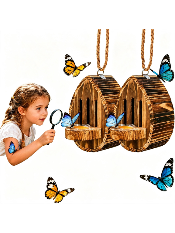 Butterfly House for Outside,Wooden Butterfly Habitat&Feeder for Butterflies,Moths and Lacewings,Hanging Butterfly Houses for the Garden,Teardrop Nesting Box Garden Decor with Rope(2Pcs)