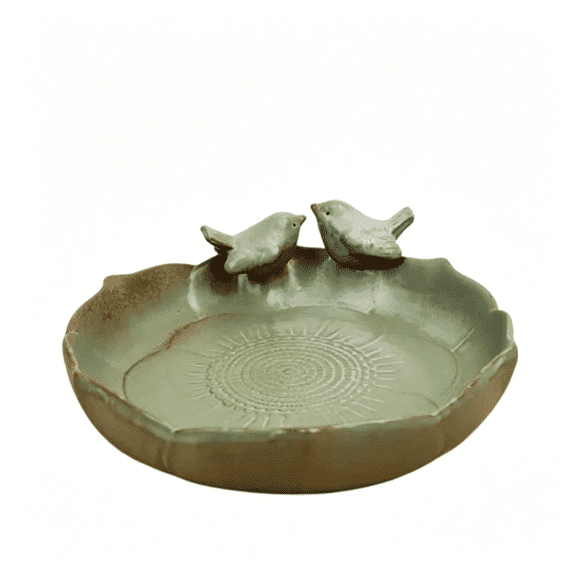 BPPEG Ceramic Bird Bath for Outside,9.45 Inch Ground Bird Bath Bowl with Double Bird Design,Outdoor Birdbath for Garden,Tabletop,Deck,Balcony,Lawn (Light Green)