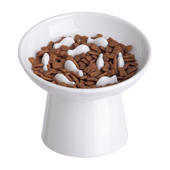 BPPEG Ceramic Elevated Slow Feeder Cat Bowl - 6" Raised Cat Food Bowl for Bloat Relief & Anti-Vomiting, Whisker Friendly Ceramic Cat Slow Feeder for Indoor Cats, Kittens, Puppies - White