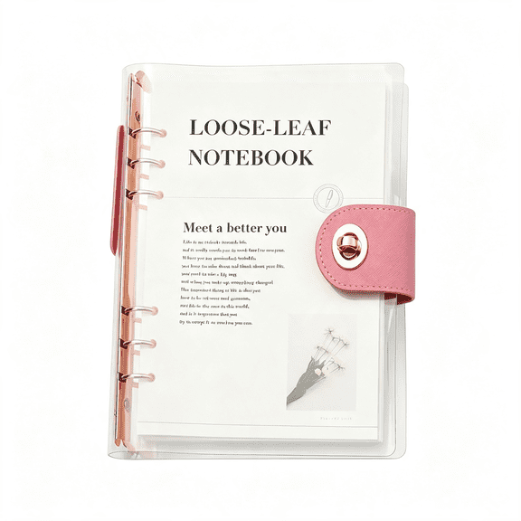BPPEG Clear A5 Refillable Notebook Binder with 90 Sheets Lined Paper Rose Gold 6-Ring Transparent Pvc Binder Cover Protector Shell Loose Leaf Journal Folders with Pu Leather Lock Catch Closure