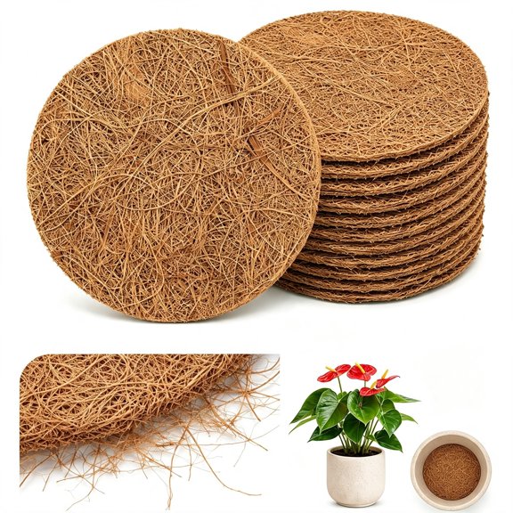 BPPEG Coco Coir Drainage Mesh Pads for Flower Pots,12Pcs Pot Hole Covers,Natural Coconut Fiber Inserts for Soil Retention and Root Aeration,Indoor Outdoor Planters Hydrophobic and Breathable