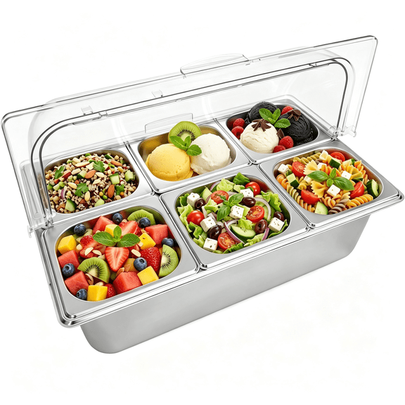 BPPEG Cold Condiment Station with Ice Tray,Stainless Steel 6-Compartment 21 x 13 x 13 Inch Countertop Food Serving Display,Chilled Condiment Server with Transparent Lid for Party Buffet Salad Bar