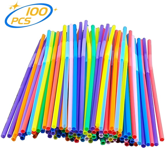BPPEG Colorful Extra Long Flexible Drinking Straws Bendy Disposable Plastic Drinking Straws 100 Pack 10.2 Inch Tall Bendable Straws