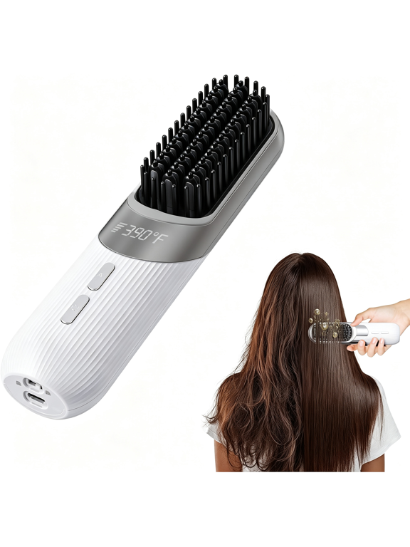 Cordless Hair Styling Brush 2-In-1 Ai Smart Styler Fast Heat 30 Seconds Usb Rechargeable Dual Power Lcd Display Portable Travel Comb Includes Pouch (White)