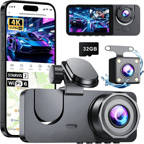 BPPEG Dash Cam Front and Rear Inside,4K Full Hd 3 Channel Dash Camera for Car|Built-In 32Gb Card,24H Parking Mode,Ir Night G-Sensor,170Wide Angle,Loop Recording