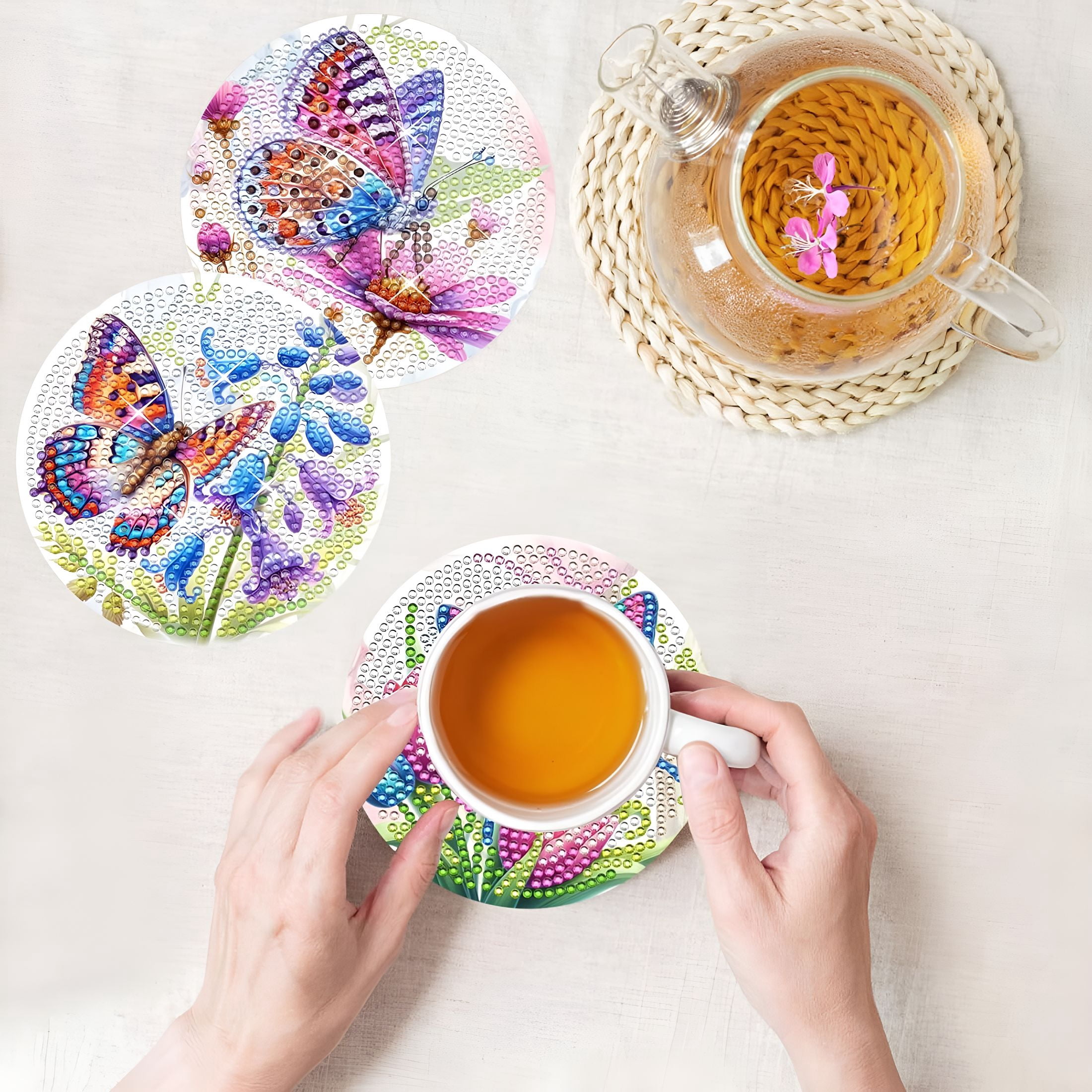 BPPEG Diamond Art Painting Coasters Kit,8 Pcs Colorful Butterfly Coasters with Holder,Diy Diamond Art Painting for Beginners,Diamond Art Kits for Adults