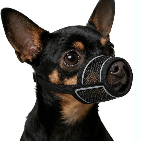 BPPEG Dog Muzzle for Small Medium Large Dogs Soft Air Mesh Muzzles | Breathable with Reflective Strips. Allows Panting Drinking. for Biting, Chewing, Grooming, Vet Visits, Training (Black, Xs)
