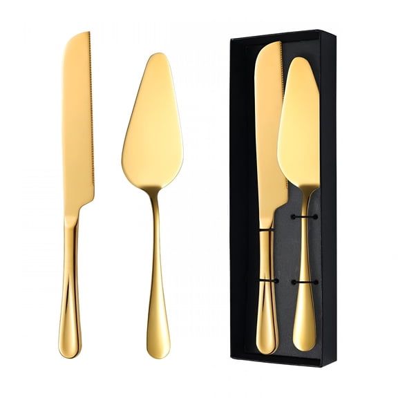BPPEG Elegant Gold Cake Knife and Server Set,Heavy Duty Stainless Steel 2 Pieces Cake Cutting Set for Wedding