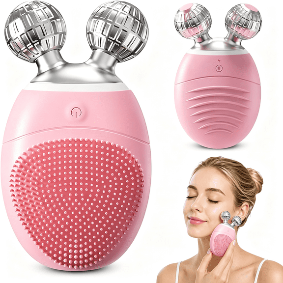 BPPEG Facial Cleansing Brush 3-In-1,Silicone Face Scrubber and Massager with V-Roller,5 Vibration Modes,Waterproof Rechargeable Electric Face Wash Brush for Daily Cleansing