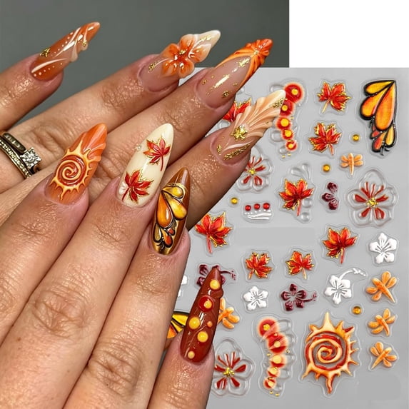 BPPEG Fall Nail Stickers for Women,2 Sheets 5D Embossed Maple Leaf Nail ...