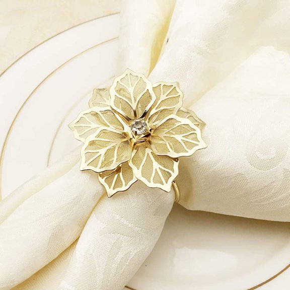 BPPEG Flower Napkin Rings Set of 6,Hollow Out Floral Napkin Holder Adornment Exquisite Household Napkins Rings Set Rhinestone Napkin Rings for Wedding Banquet Christmas Table Setting (Gold)