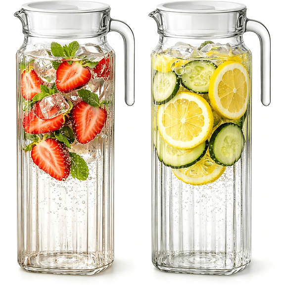 BPPEG Glass Pitcher with Lid-2 Pack 34 Oz Glass Water Pitcher with Handle,Ribbed Glass Container with Lid and Vented Spout for Fridge Shelf,Iced Tea,Lemonade,Juice
