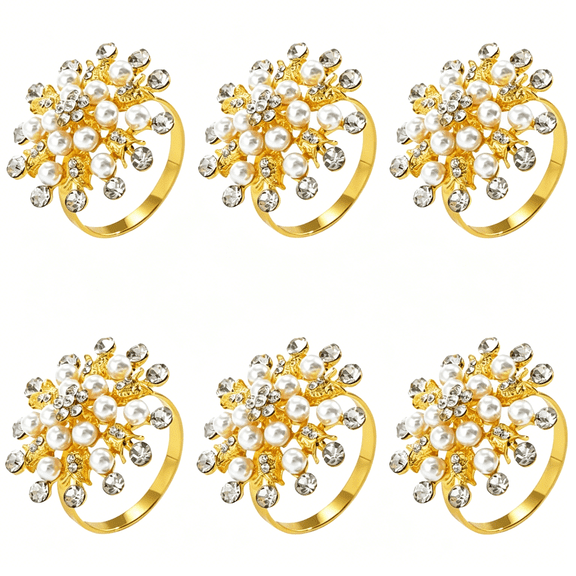 BPPEG Gold Napkin Rings Set of 6 - Metal Pearl Rhinestone Napkin Ring Holder for Wedding Party Home Kitchen Dining Table Linen Accessories