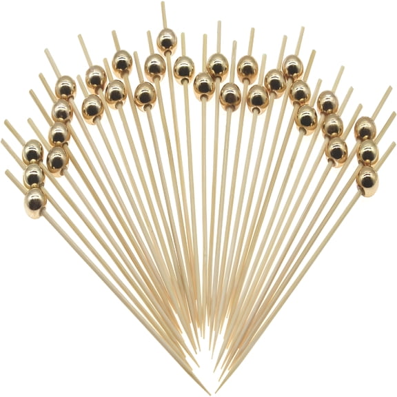 BPPEG Gold Pearl Cocktail Picks,4.7 Inch Long Bamboo Fancy Toothpicks for Appetizers,Decorative Christmas New Year Holiday Party Food Drink Garnish Fruit Kabob Skewer Sticks 100 Counts