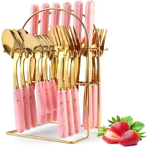 BPPEG Gold Silverware Set,24 Pieces Flatware Set with Silverware Holder,Stainless Steel Knives Forks Spoons Cutlery Set Service for 6,Kitchen Utensil Tableware Set with Pink Handle (Pink)