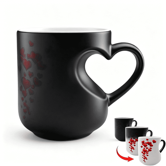 BPPEG Heart-Shaped Color Changing Magic Ceramic Mug Funny Color Changing Coffee Cup with Handle That Reveals Surprise Design When Filled with Hot Beverage Romantic Gift for Couples