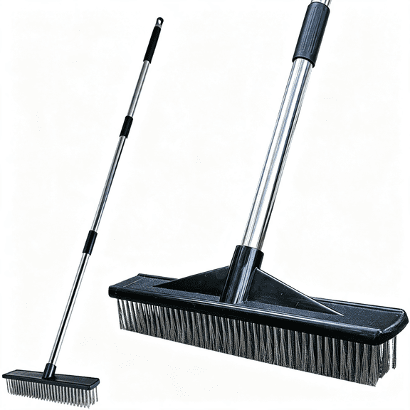 BPPEG Heavy Duty Wire Push Broom Brush,15.7" Stainless Steel Bristle Deck Brush with Long Handle for Removing Weeds,Outdoor Broom for Rough Surface Dirt