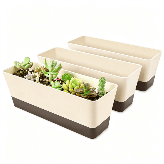BPPEG Indoor Window Box Planter 12X3.8 Inch Rectangle Herb Planter Tray Modern Small Succulent Cactus Flower Plastic Plant Pot Window Sill Garden Balcony Office Shelf Decoration