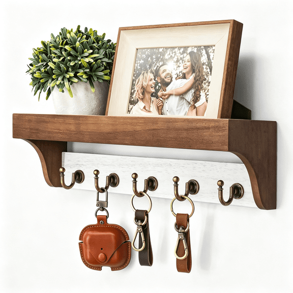 BPPEG Key Holder Wall Mount with Shelf for Entryway, Brown & White | 5 Retro Hooks, Two-Tone Rustic Decor, Primitive Wood Mail Organizer, Key Holder for Wall, Decorative Home Accent
