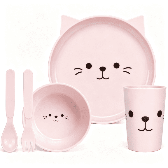 BPPEG Kids Dinnerware Set - Ovenproof Tableware Set 5-Piece Cat-Themed Includes Plate, Bowl, Cup & Utensils | BPA-Free, Microwave & Dishwasher Safe (Kitten)