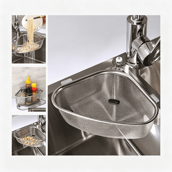 BPPEG Kitchen Triangle Sink Strainer,Corner Sink Strainer,Multifunction Sink Drain Strainer Basket,Stainless Steel Food Catcher Strainer for Kitchen Waste,Vegetable,Fruits(Silver)