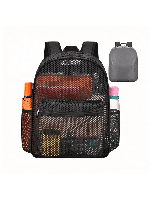 Large Heavy Duty Mesh Backpack with Rain Cover , 25L See through Beach Bag | Inner Pocket,Padded Strap, Breathable Semi-Transparent Backpack for Sports, Work, Daypack for Men Women