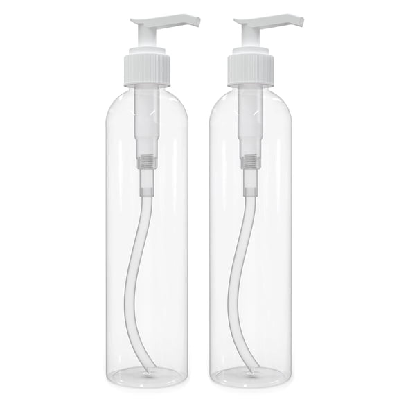 BPPEG Lotion Pump Bottles, Empty 8 OZ, BPA-Free, PET Refillable Plastic Containers, Clear with White Dispenser for - Soap, Shampoo, Lotions, Liquid Body Soap, Creams and Massage Oil (2 Pack)