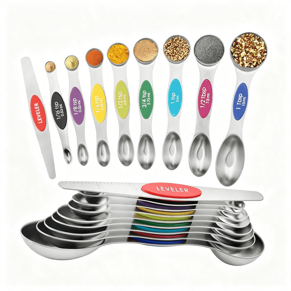 BPPEG Magnetic Measuring Spoons Set of 9 with Leveler,Color-Coded Dual Sided Stainless Steel Measuring Spoon Set,Stackable Teaspoon&Tablespoon Set for Baking,Cooking,Kitchen Gadgets Dishwasher