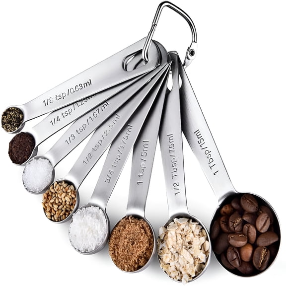 BPPEG Measuring Spoons: 18/8 Stainless Steel Measuring Spoons Set of 8 Piece: 1/8 tsp,1/4 tsp,1/3 tsp,1/2 tsp,3/4 tsp,1 tsp,1/2 tbsp & 1 tbsp Dry and Liquid Ingredients
