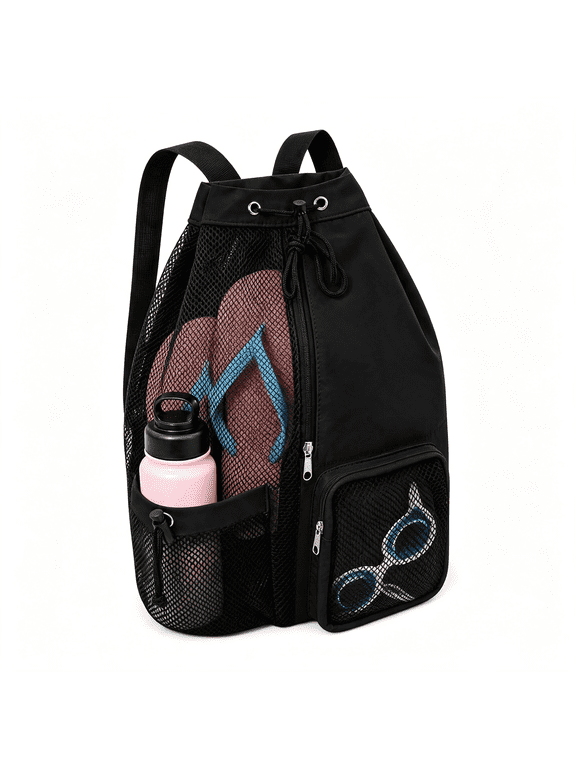 Mesh Beach Backpack with Wet Pocket, Pool Bag, Waterproof Gym Backpack for Women & Men, Travel Duffle with Drawstring, Outdoor Beach Bag for SwimmingBlack