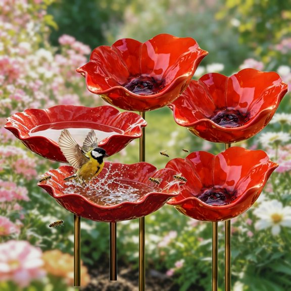BPPEG Metal Bird Bath for Outside,Garden Freestanding Birdbath & Birdfeeder,Bee Water Feeder with Flower Design,Bird Baths Feeder for Outdoors Garden Patio Yard Lawn Decor (A-Red Five Pcs)