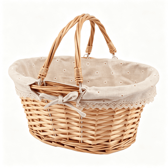 BPPEG Natural Wicker Basket with Linen Lining,14In Large Wicker Woven Picnic Basket with Handle for Picnic,Camping,Outdoor Party,Eco-Friendly Picnic Basket