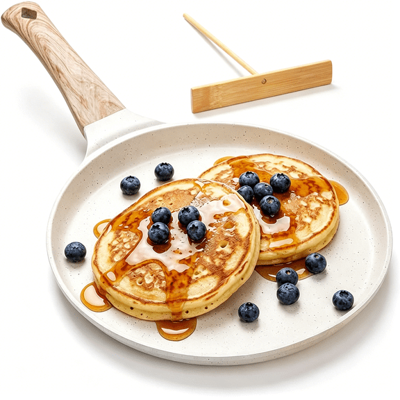 BPPEG Nonstick Crepe Pan with Spreader, 10-Inch Tortilla Pan with Detachable Handle, Ceramic Coating Pancake Dosa Tawa Griddle Pan, for All Stove, Induction Compatible, Free (White)