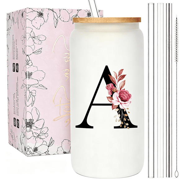 BPPEG Personalized Gifts for Women,Monogrammed Frosted Glass Tumbler with Straw and Lid,Cute Customized Mug,Custom Initial Iced Coffee Glasses,Customizable Drinking Cup,Birthday Teacher Woman,A