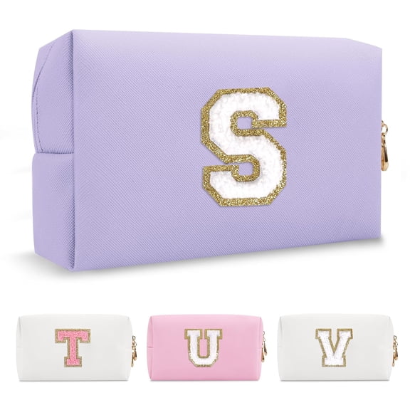 BPPEG Personalized Makeup Bag Initial A-Z Preppy Patch Bag, Small Pu Leather Travel Cosmetic Bag Pouch with Zipper, Purple Cute Toiletry Bag, Gift Ideal for Teen Girls Women Birthday Friend Mom