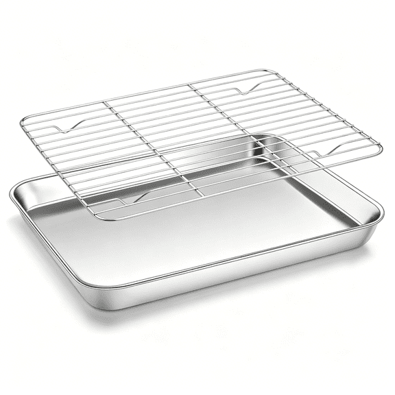 BPPEG Quarter Sheet with Rack (1 Pan + 1 Rack), 9X13 Stainless Steel Baking Pan with Wire Cooling Rack for Toaster Oven Roasting, Metal Bacon Cookie Trays Nonstick & Rust Free
