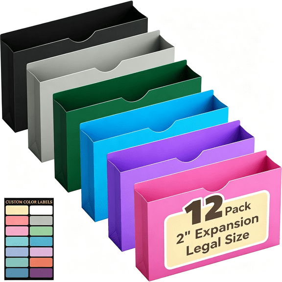 BPPEG Reinforced Plastic File Jackets,Heavy Duty 2"Expansion Accordion Pocket File Folders,Legal Size Filing Cabinet Folder,12 Pack Poly Manila Folders,Straight Cut Tab,Color Job Folder for Office